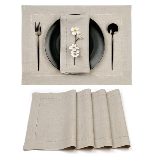 D'Moksha Homes Linen Placemats Set of 4 - Classic Hemstitch Natural Placemats 14 x 19 Inch - 100% Pure Linen Table Mats for Spring - Handcrafted and Machine Washable - color: 01 - Natural