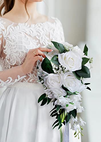 9 Inch Cascading Waterfall Wedding Bouquet for Bride & Bridesmaids, Artificial Rose Flowers Rustic Romantic Tossing Bouquet for Ceremony (White)