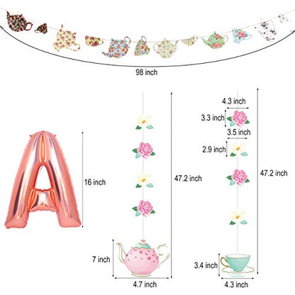 Mity rain Tea Party Decorations - Floral Teapots Teacups Balloons Banner Hanging Decorations for Baby Shower Bridal Shower Girls Birthday Party Supplies - style: Balloons + Banners