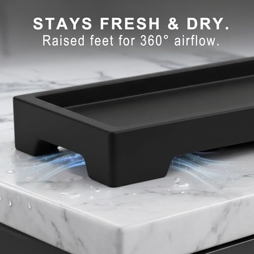 Countertop Vanity Tray - Silicone Bathroom Sink Organizer & Kitchen Soap Tray, Footed Anti-Slip Design, Waterproof Caddy for Perfume, Jewelry, Makeup, Bottle, Oil, Sponge Holder, Black (L10 x W 4.2") - color: Black