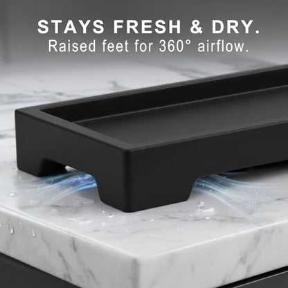 Countertop Vanity Tray - Silicone Bathroom Sink Organizer & Kitchen Soap Tray, Footed Anti-Slip Design, Waterproof Caddy for Perfume, Jewelry, Makeup, Bottle, Oil, Sponge Holder, Black (L10 x W 4.2") - color: Black
