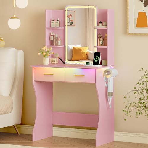 Vanity Desk with LED Lights Mirror & Power Outlet, Small Makeup Vanity Table Set with Storage Drawers, 3 Lighting Modes & Adjustable Brightness, Dressing Table for Women Girls Bedroom, Pink(NO Stool) - color: Pink, size: S-2 Drawers