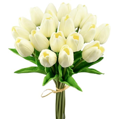 Mandy's Cream Artificial Tulips Flowers Centerpiece, 13.5" Lifelike PU Fake Floral Stems 20pcs for Kitchen Island & Dining Table, Spring Decor for Easter - color: Cream