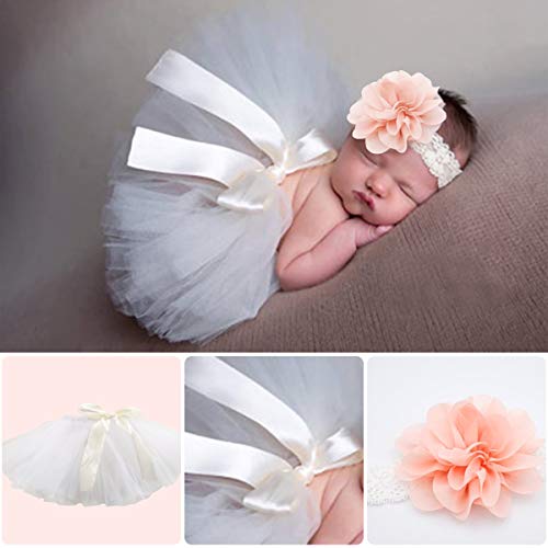 4 PCS Newborn Photography Props Outfits-BabyTutu Skirt Cute Bow Headdress and Lace Rompers Flower Headband Sets for Infants Girl Boy White