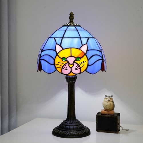Small Tiffany Lamp Stained Glass Table Lamp, 8 Inch Vintage Blue Orange Cat Pattern, Cute Unique Bedside Nightstand Light Living Room Dining Room Decorative Desk Lamp Atmosphere Lamp Creative Gift - color: stained glass Lamp E