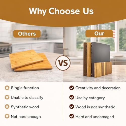 3 Piece Book Shaped Cutting Board Set with Wooden Stand, Solid Acacia Wood Chopping Boards for Kitchen, Decorative Library Design Gift for Cooking