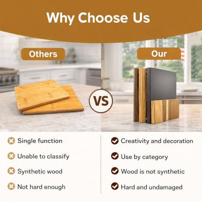 3 Piece Book Shaped Cutting Board Set with Wooden Stand, Solid Acacia Wood Chopping Boards for Kitchen, Decorative Library Design Gift for Cooking