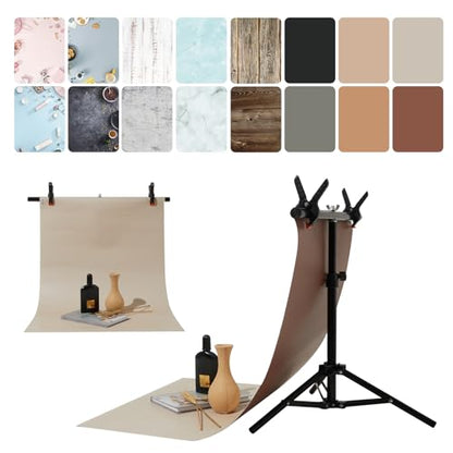 8PCS 16 Patterns Backdrop Papers with T-Stand, 22x34 Inch Double Sided Waterproof Dustproof Photography Backgrounds Paper,Clear and Realistic Picture Quality for Food, Jewelry Photo Shooting - color: T+8P