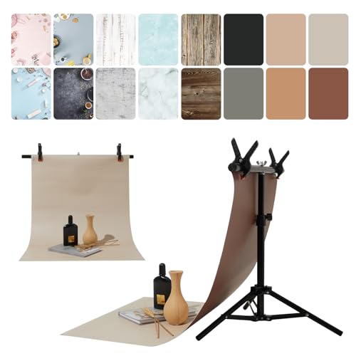 8PCS 16 Patterns Backdrop Papers with T-Stand, 22x34 Inch Double Sided Waterproof Dustproof Photography Backgrounds Paper,Clear and Realistic Picture Quality for Food, Jewelry Photo Shooting - color: T+8P