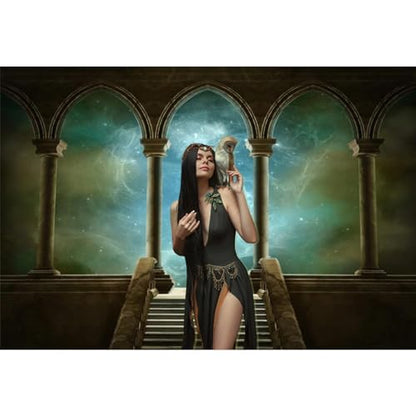 10x7ft Wedding 3D Render Backdrops Fantasy Starry Sky from Ancient Arches Background Mediaeval Gallery Temple Castle Marble Stone Column Staircase Photo Props - size: 10x7ft