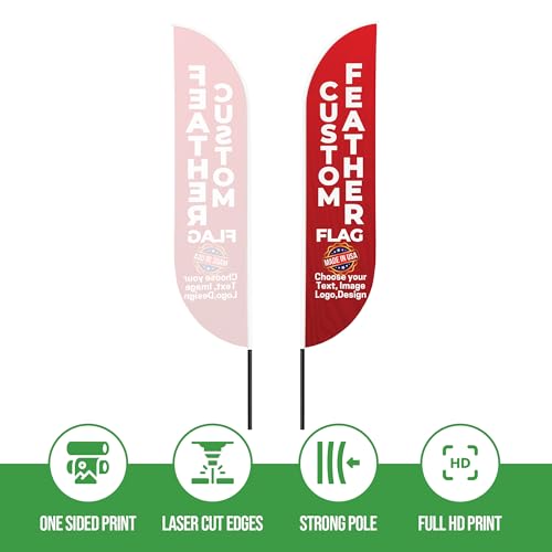 Custom Feather Flag by BCB Print, Personalized Swooper Flag with Photo, Text or Logo, 11.5x2.5 FT Single-Sided HD Print, Optional Add-On 15 FT Pole Kit & Ground Spike, Made in USA, Fast Delivery - color: Feather Flag +/– Ground Spike Kit