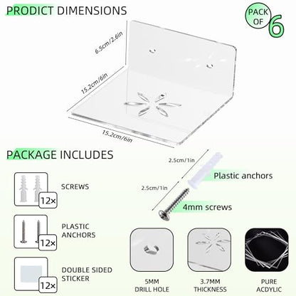 Acrylic Wall Shelves,Clear 6 inch Floating Shelves for Display,Echo,Cameras,Speaker,Router Wall Mounted Transparent Small Invisible Shelves with Adhesive Bedroom Bathroom Living Room - color: Clear, size: 6 Inch -6Pack