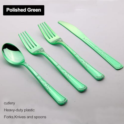 180 Pack Disposable Green Plastic Silverware Contain 60 Forks,60 Spoons,60 Knives, Solid and Durable Plastic Cutlery Utensils Set Perfect for Parties,weddings. - color: Green