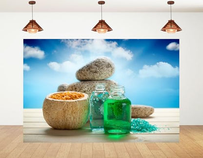 15x8ft Green Spa Backdrop with Turquoise Bath Salts and Stacked Stones Photography Background for Skincare Relaxation and Summer Party Decorations Banner Photo Booth Props - size: 15x8ft