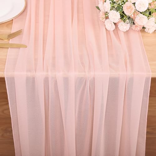 10FT Peach Pink Chiffon Table Runner 30x120 Inches Boho Rustic Sheer Fabric Table Runner for Wedding Decor Baby Bridal Shower Birthday Party Decorations - color: Peach Pink, size: 10FT × 1pc