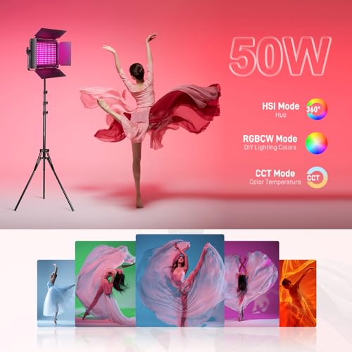 GVM Upgraded 680 RGB LED Video Light with Lightings Stand Kit, 50W Photography Lighting with Bluetooth Control, Studio Light with 18 Lighting Scenes, led Panel Lights for Video Recording, 8500lux/0.5m - size: 1 Pack with Light Stand
