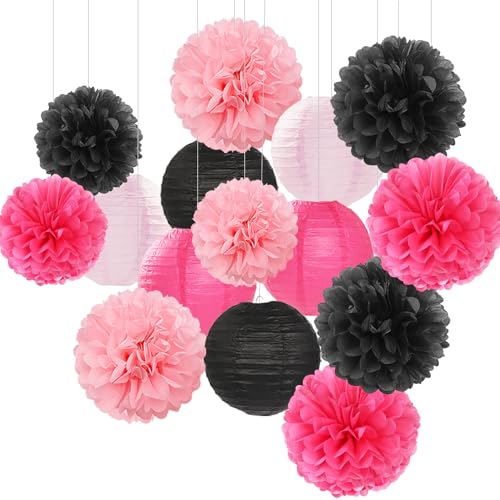 Hot-Pink Black Party-Decorations Paper Flowers Lanterns - 15PCS Graduation Birthday Tissue Pom Poms Streamers,Baby Girl Women Bachelorette Hanging Supplies Decor Hugfond - color: Light Pink Rosy Black