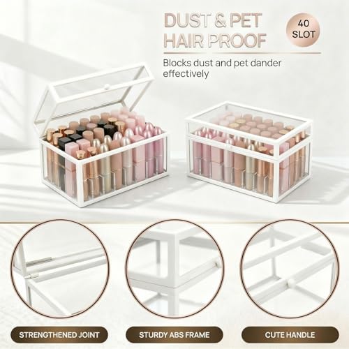 40 Lipsticks Organizer with Lid, Glass Display Box Fits Large Perfume & Skincare, Easy-Access Organiser for Vanity Countertop, Multifunctional Display Box in Any Rooms - color: white