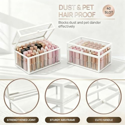 40 Lipsticks Organizer with Lid, Glass Display Box Fits Large Perfume & Skincare, Easy-Access Organiser for Vanity Countertop, Multifunctional Display Box in Any Rooms - color: white