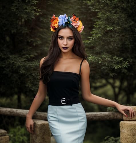 Elegant Butterfly Flower Headband for Women Boho Handmade Rose Floral Crown Wedding Bridal Festivals Cosplay Prom Photo Props Headpiece (C2 blue, Adjustable) - color: C2 blue