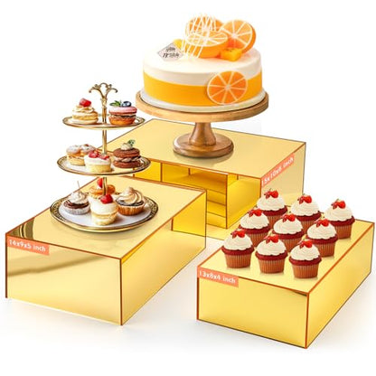 3 Pack Extra Large Acrylic Risers - 15”, 14”, 13” Gold Display Stands with Hollow Bottoms, Cube Buffet Riser Boxes Nesting for Dessert Food Catering Buffet Display Party Supplies - color: Gold, size: 15”,14”,13”