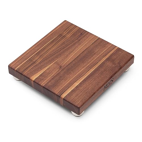 John Boos B Series Square Wooden Walnut Cutting Board 12”x12” – 1.5” Thick, 5-lb Non-Reversible Butcher Block with Stainless Steel Bun Feet & Edge-Grain - color: Walnut with Stainless Steel Feet, size: 9"L x 9"W