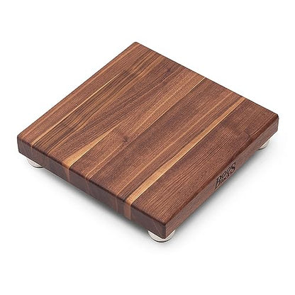John Boos B Series Square Wooden Walnut Cutting Board 12”x12” – 1.5” Thick, 5-lb Non-Reversible Butcher Block with Stainless Steel Bun Feet & Edge-Grain - color: Walnut with Stainless Steel Feet, size: 9"L x 9"W