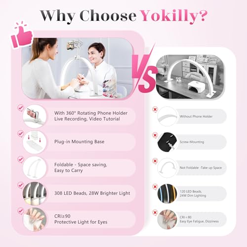 Yokilly Half Moon Light for Nail Desk: 23" Foldable Half Moon Desk Lamp with Phone Holder for Beginner - Arch Nail Tech Light with 3 Color Modes & 10 Brightness for Manicure Salon (White, Small) - color: White, size: Small