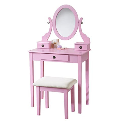 Roundhill Furniture Moniys Moniya Pink Wood Makeup Vanity Table and Stool Set - color: Pink