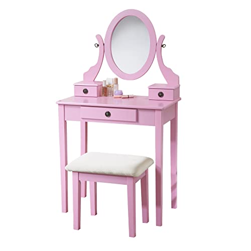 Roundhill Furniture Moniys Moniya Pink Wood Makeup Vanity Table and Stool Set - color: Pink