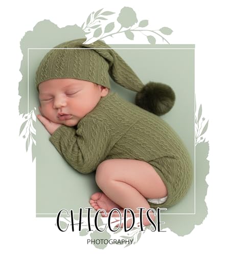 Newborn Photography Props, Infant Photoshoot Outfit Romper & Pom Pom Hat for Baby Boys Girls - color: Matcha Green