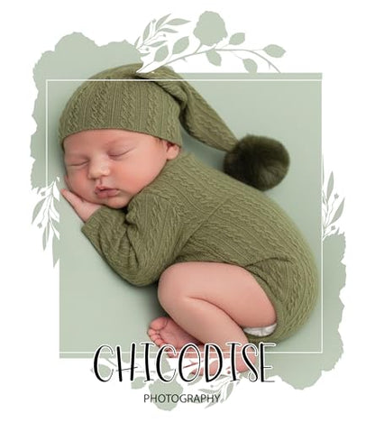 Newborn Photography Props, Infant Photoshoot Outfit Romper & Pom Pom Hat for Baby Boys Girls - color: Matcha Green