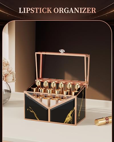 CoralHouse Lipstick Organizer - Black Glass Lipstick Holder & Nail Polish Organizer, 18-Slot Vanity Cosmetic Organizer with Removable Dividers, - color: Black