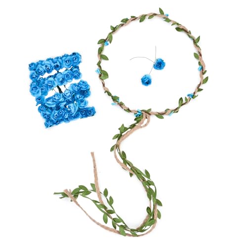 DDazzling Flower Crown Floral Wreath Headband Floral Garland Headbands Photo Props,Rose Flower Crown Kit, 3 Piece (Blue) - color: Blue