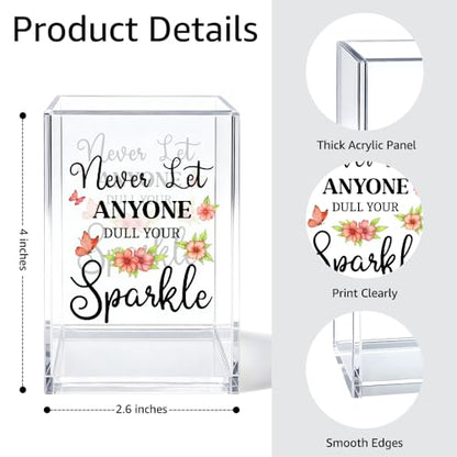 Never Let Anyone Dull You Sparkle Acrylic Cosmetic Organizer Pen Holder, Motivational Acrylic Desk Holder Cup for Pen Pencil, Inspirational Office Gifts for Women Coworker Femal Leader Bestie