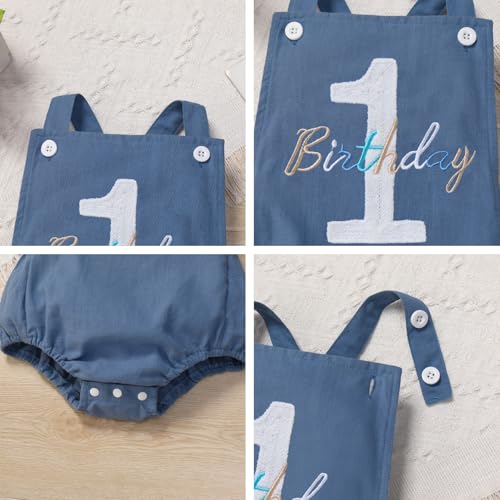 IMEKIS Baby Girls Boys Boho 1st Birthday Outfit Backless Overalls Romper for Cake Smash Photo Shoot - color: Dark Blue 1 Birthday, size: 9-12 Months