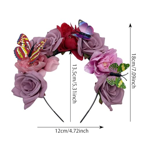 Elegant Butterfly Flower Headband for Women Boho Handmade Rose Floral Crown Wedding Bridal Festivals Cosplay Prom Photo Props Headpiece (A3 purple, Adjustable) - color: A3 purple