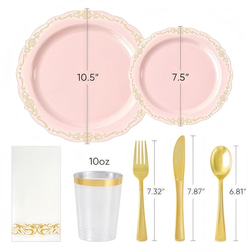 Fijinhom 175 PCS Pink Disposable Plates, Elegant Dinnerware Set for 25 Guests, 50 Plastic Plates, 75 Silverware, 25 Cups & 25 Paper Napkins, Pink - color: Pink Gold Pattern, size: 25 Guests-175pcs