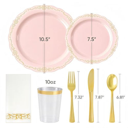 Fijinhom 175 PCS Pink Disposable Plates, Elegant Dinnerware Set for 25 Guests, 50 Plastic Plates, 75 Silverware, 25 Cups & 25 Paper Napkins, Pink - color: Pink Gold Pattern, size: 25 Guests-175pcs