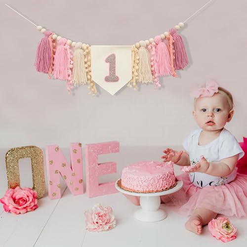 Girls 1st Birthday Tassels High Chair Banner -1st Birthday Decorations for a Girl,Boho First High Chair Banner,Rose Gold Cake Smash Photo Prop
