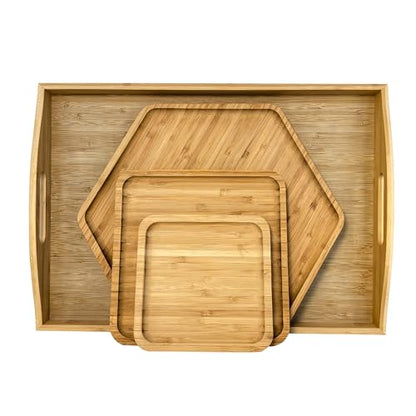 Bamboo Serving Trays Charcuterie Platter 16.5"x11.8"（42x30cm with Handle, Set Includes 1xHexagon 12.5"(32cm)+1xSquare 7.8"(20cm)+1xSquare 5.9"(15cm) Small Plates for Family Dinner - color: 1hexagon+2square
