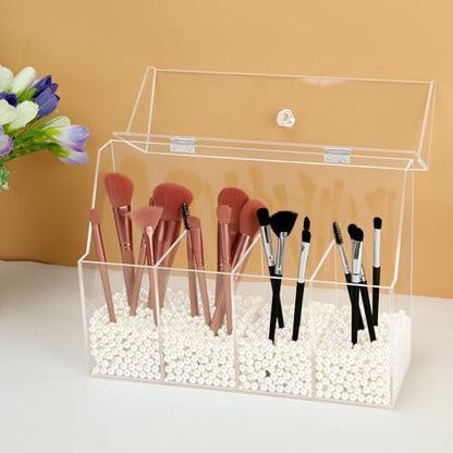 Vevitts Acrylic Makeup Organizer, Clear Cosmetic Brush Storage Box With 4 Brush Holders (Pearl not included),Makeup Brush Holder with Dust Cover, Large-capacity Split Design Organize the Desktop