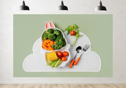 Trykid 10x8ft Kids Vegetable Meal Backdrop Bunny Shaped Plate Carrot Utensils Photography Background Children’s Party Food Decor Party Decoration Photo Booth Prop Fabric - size: 10x8ft