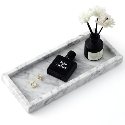Real Natural Marble Tray for Bathroom, Vanity, Kitchen and Desktop, Rectangle Genuine Marble Stone Tray for Jewelry, Cosmetics, Candles, Lotion, Perfume and Home Decor, 12"x5" Size - color: White, size: 12" x 5" x 1.2"