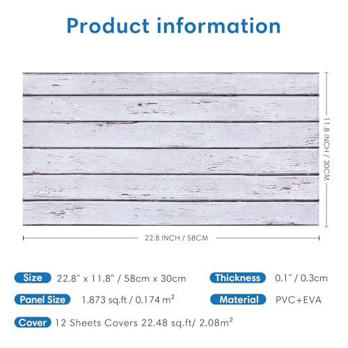 COMSTICKC 3D Faux Wood Wall Sticker, Peel and Stick Wall Covering,12 pcs of 22.8" x 11.8", DIY Lightweight PVC White Wood Self Adhesive Decorative Tiles Wallpaper,Paintable,Covers 22.48 sq.ft - color: White Wood