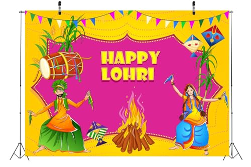 BELECO 15x8ft Fabric Happy Lohri Backdrop Indian Harvesting Festival Bonfire Music Dancing Photography Background India Holiday Celebration Party Decoration Banner Photo Booth Shoot Props - size: 15x8FT