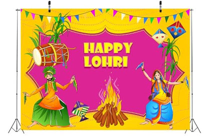 BELECO 10x8ft Fabric Happy Lohri Backdrop Indian Harvesting Festival Bonfire Music Dancing Photography Background India Holiday Celebration Party Decoration Banner Photo Booth Shoot Props - size: 10x8FT