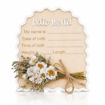 Wonhibo Daisy Newborn Announcement Sign - Baby Hospital Photo Prop Wooden Board Card with Real Pressed Flowers Hello World - color: Daisy Flower