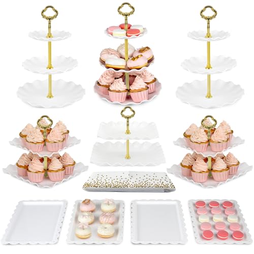 Pack of 11 NWK Cake Stand Set, with 3 x Two-Tier and 3 x Three-Tier Cupcake Stands, 4 x Appetizer Trays, 1 x Tablecloth for Birthday Bridal Baby Shower Party (Gold) - color: Gold