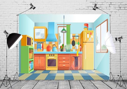 7x5ft Fabric Cartoon Kitchen Background Baking Cooking Party Decorations Kitchen Backdrops for Photography Bake Class Banner Baby Children Photoshoot Photo Props - size: 7x5ft